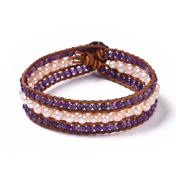 

PandaHall Natural Amethyst Beaded Cord Bracelets, with Freshwater Pearl, Leather Cord and Alloy Clasps, 8-5/8 inch(22cm), 20mm Amethyst