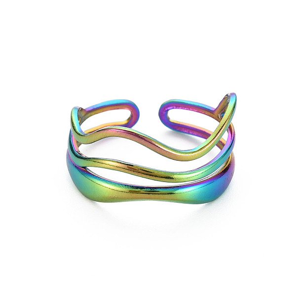 

PandaHall Rainbow Color 304 Stainless Steel Wave Wire Wrap Open Cuff Ring for Women, US Size 9 1/2(19.3mm) 304 Stainless Steel