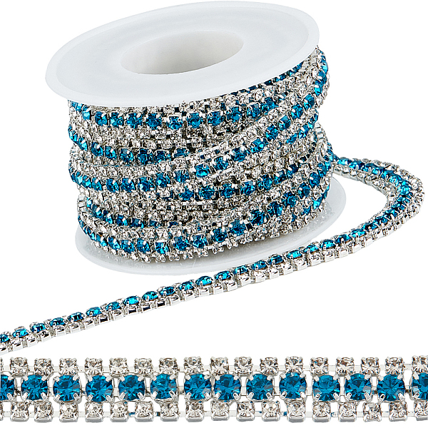 

PandaHall GORGECRAFT 3.3 Yards 3 Rows Crystal Rhinestone Trim Close Chain 2.5mm&4mm Silver Base Beaded Claw Cup Chain Trimming Roll Applique..., Blue