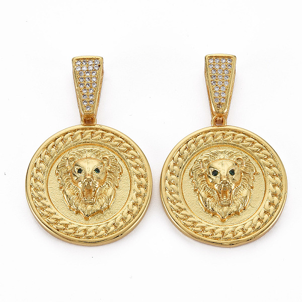 

PandaHall Brass Micro Pave Cubic Zirconia Pendants, Nickel Free, Flat Round with Lion, Real 16K Gold Plated, 26.5x24x6mm, Hole: 3x10mm..., Clear