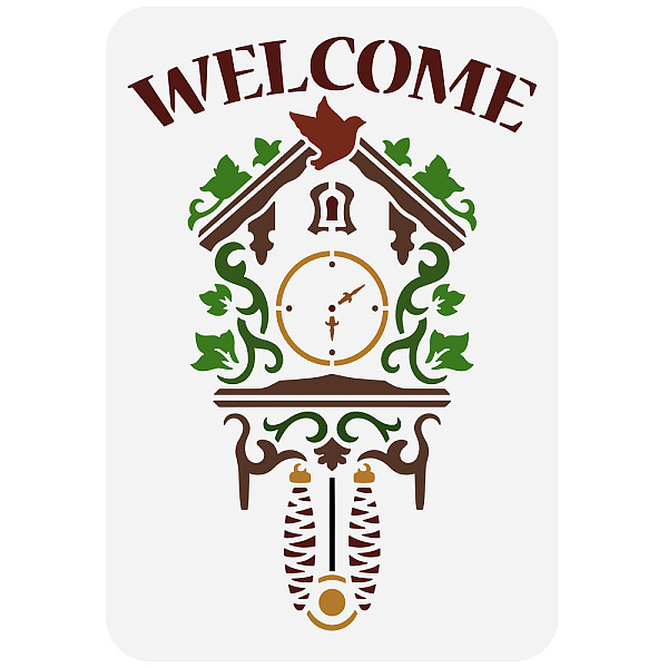 PandaHall FINGERINSPIRE Cuckoo Clock Welcome Stencil 11.7x8.3 inch Hollow Out Bird Vine Leaf Drawing Stencil Reusable Forest Clock House Art...