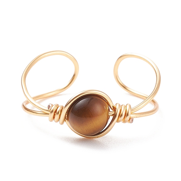 

PandaHall Natural Tiger Eye Round Beaded Open Cuff Ring, Copper Wire Wrap Gemstone Jewelry for Women, Golden, US Size 9(18.9mm) Tiger Eye