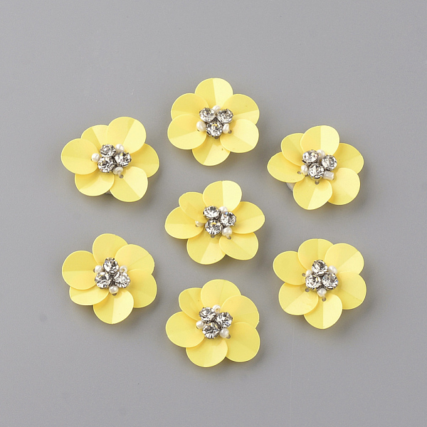 

PandaHall Handmade Paillette Ornament Accessories, with Rhinestones and Fabrics Pads, Flower, Yellow, 24~25x22~23x7mm Plastic Flower Yellow
