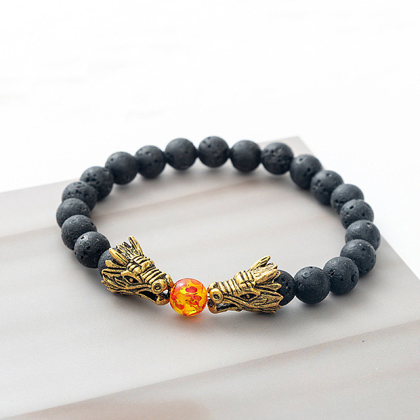 

PandaHall Natural Lava Rock Stretch Bracelet with Dragon Clasps Lava Rock Dragon