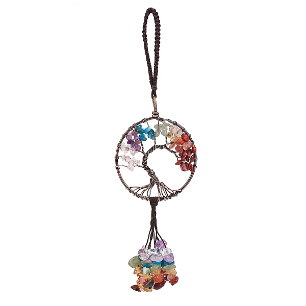 

PandaHall Wire Wrapped Chips Natural Gemstone Big Pendant Decorations, with Red Copper Plated Brass Wires and Nylon Cord, Flat Round with...