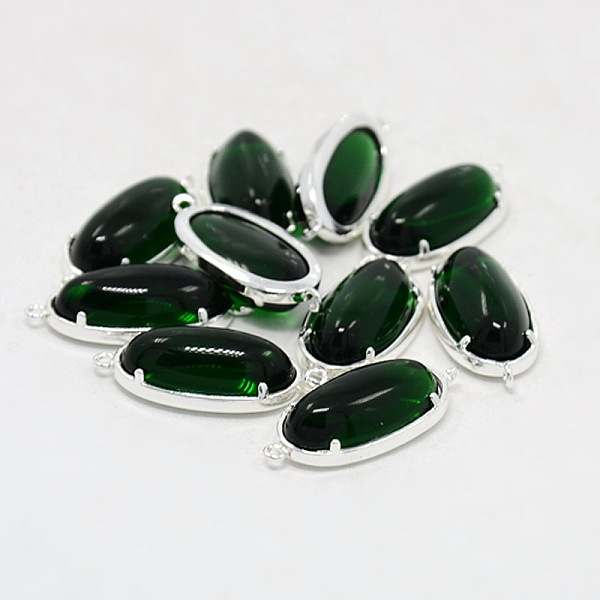 

PandaHall Silver Color Plated Brass Glass Links connectors, Oval, Green, 26x12x7mm, Hole: 1mm Glass Oval Green