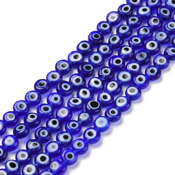 

PandaHall Handmade Lampwork Beads, Flat Round with Evil Eye, Deep Sky Blue, 4.5x2.5mm, Hole: 0.6mm, about 90~100pcs/strand, 15.35''~15.75''...