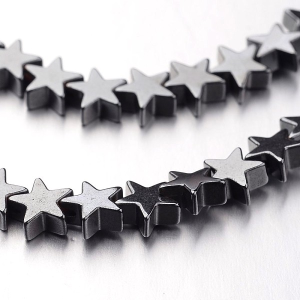 

PandaHall Non-magnetic Synthetic Hematite Bead Strands, Star, Original Color, 6x6x2~3mm, Hole: 1mm, about 86pcs/strand, 15.7 inch...