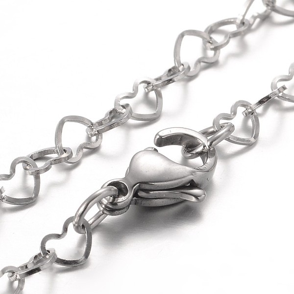PandaHall Heart 304 Stainless Steel Link Bracelets, with Lobster Claw Clasps, Stainless Steel Color, 7-1/4 inch(185mm) 304 Stainless Steel