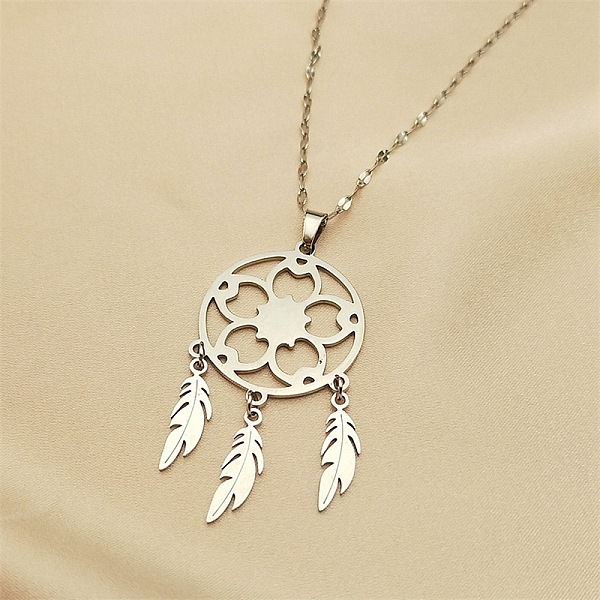 

PandaHall Woven Net/Web with Feather 304 Stainless Steel Pendant Necklaces for Women, Stainless Steel Color, 15.98 inch(40.6cm) 304...