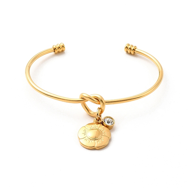 

PandaHall Crystal Rhinestone & Flower Charms Open Cuff Bangle, Ion Plating(IP) 304 Stainless Steel Love Knot Torque Bangle for Women, Golden..., Clear
