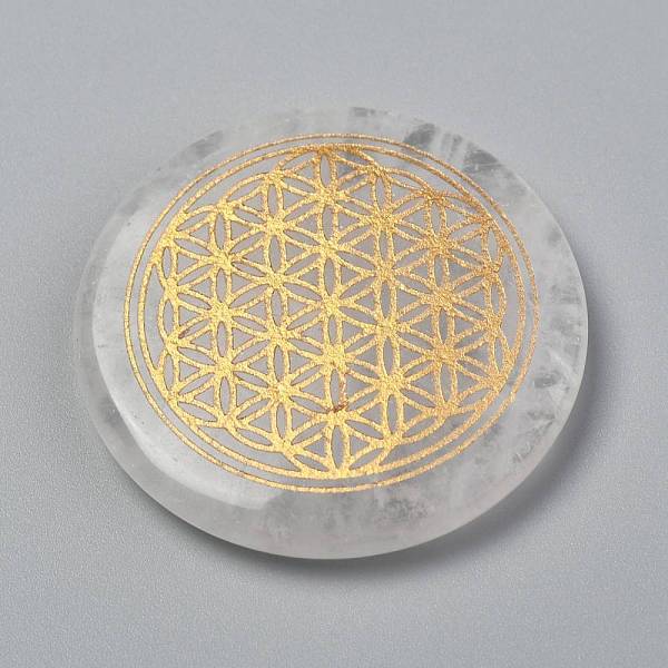 

PandaHall Chakras Themed Natural Quartz Crystal Cabochons, Rock Crystal Cabochons, Flat Round with Flower of Life, 35x6~7mm Quartz Crystal...