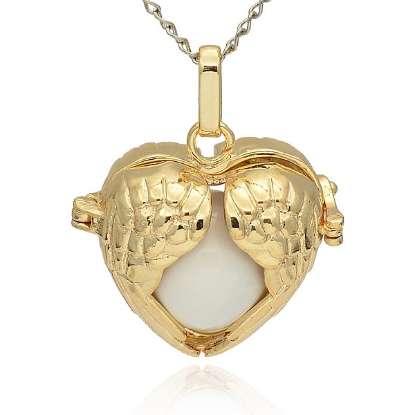 

PandaHall Golden Tone Brass Hollow Heart Cage Pendants, with No Hole Spray Painted Brass Ball Beads, White, 28x30x16mm, Hole: 3x8mm Brass...