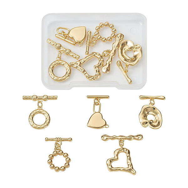PandaHall Jewelry 10 Sets 5 Styles Brass Toggle Clasps, Nickel Free, Heart & Round Ring & Lock, Real 18K Gold Plated, 24.5~33mm, 2...