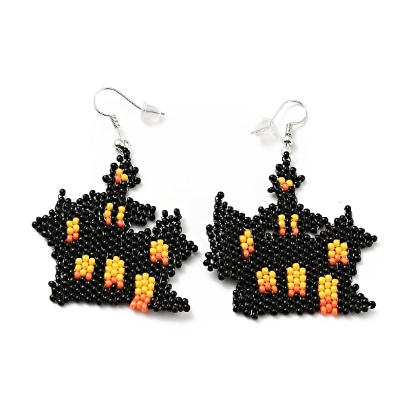 

PandaHall Glass Seed Braided Castle Dangle Earrings, Alloy Wire Wrap Halloween Earrings for Women, Yellow, 61mm, Pin: 0.6mm Glass Yellow