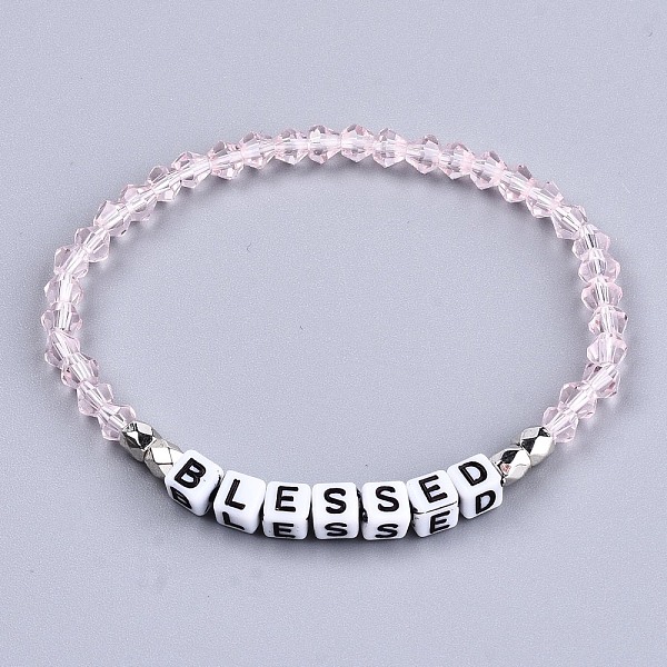 

PandaHall Faceted Bicone Glass Beads Stretch Bracelets, Inspirational Bracelets, with Cube Acrylic Letter Beads, Word Blessed, Pink, Inner...