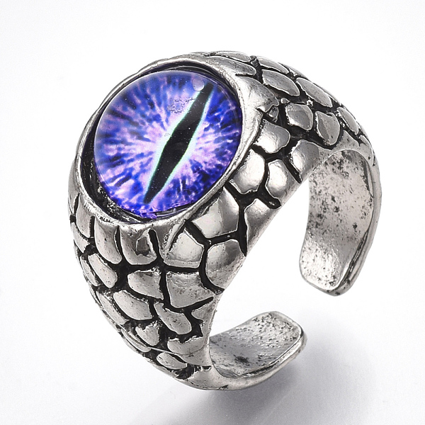 

PandaHall Alloy Glass Cuff Finger Rings, Wide Band Rings, Dragon Eye, Antique Silver, Blue Violet, Size 9, 19mm Glass Purple