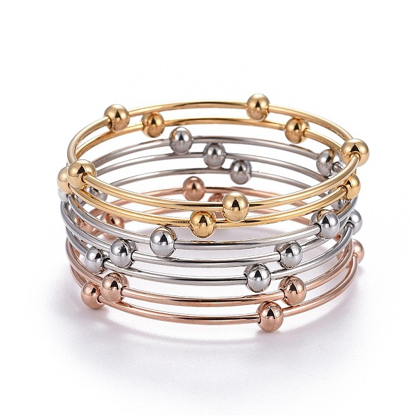 

PandaHall Fashion Tri-color 304 Stainless Steel Bangle Sets, with Round Beads, Multi-color, 2-1/8 inch(5.5cm), 7pcs/set 304 Stainless Steel