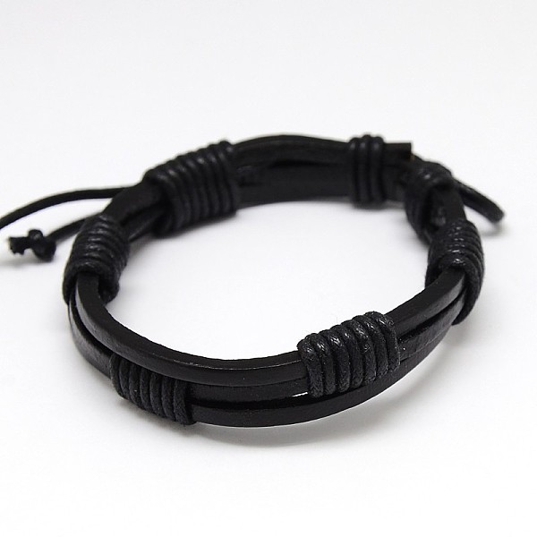 PandaHall Trendy Unisex Casual Style Waxed Cord and Leather Bracelets, Black, 56mm Leather Black