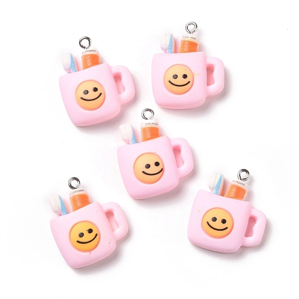 

PandaHall Opaque Resin Pendants, with Platinum Tone Iron Loops, Cup with Smiling Face, Pearl Pink, 28x22x9mm, Hole: 2mm Resin Others