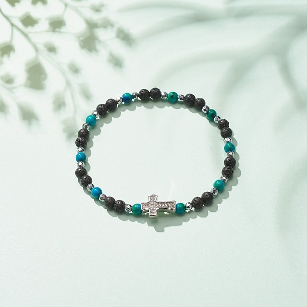 

PandaHall Natural & Synthetic Mixed Gemstone Beaded Stretch Bracelet with Clear Cubic Zirconia Cross for Women, Dark Cyan, Inner Diameter...