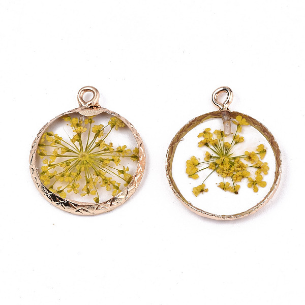 

PandaHall Transparent Clear Epoxy Resin & Dried Flower Pendants, with Edge Light Gold Plated Iron Loops, Flat Round, Yellow, 24x20x2.5mm...