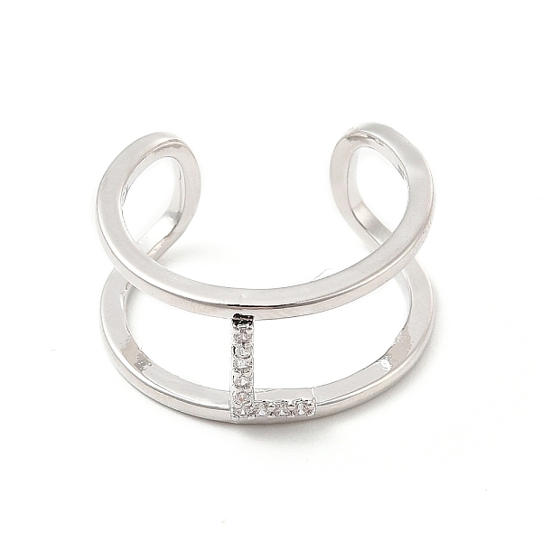 

PandaHall Clear Cubic Zirconia Initial Letter Open Cuff Ring, Platinum Brass Double Line Ring for Women, Lead Free & Cadmium Free, Letter.L...