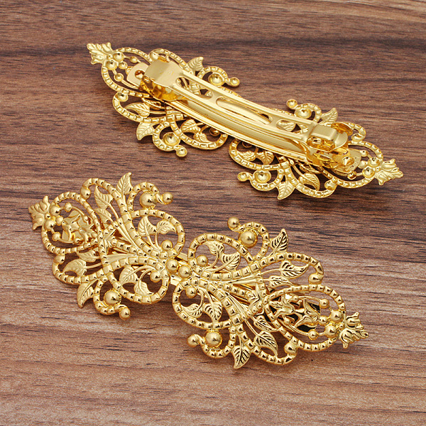 

PandaHall Brass Filigree Hair Barrette, Hollow out, with Iron Findings, Long-Lasting Plated, Flower, Golden, 94x34mm Brass