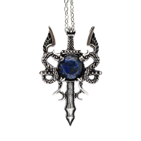 

PandaHall Natural Lapis Lazuli Dragon Sword Pendant Necklace, Gothic Alloy Jewelry for Men Women, Antique Silver & Platinum, 19.69 inch...