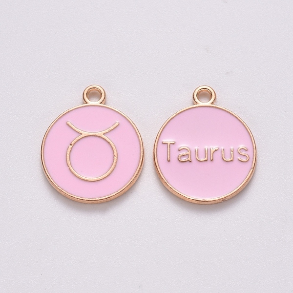 

PandaHall Alloy Enamel Pendants, Cadmium Free & Lead Free, Flat Round with Constellation, Light Gold, Pink, Taurus, 15x12x2mm, Hole: 1.5mm...