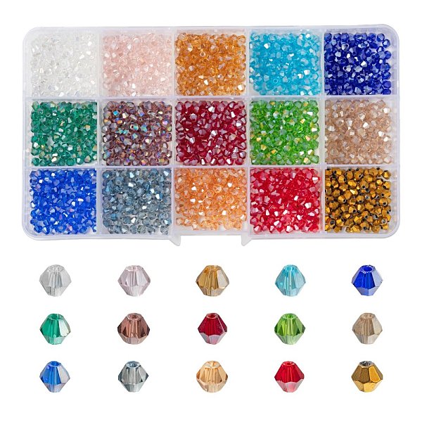 

PandaHall 1500Pcs 15 Style Faceted Bicone Glass Beads, for DIY Crafting, Mixed Color, 100Pcs/Style Glass Bicone Multicolor