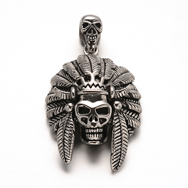 

PandaHall 304 Stainless Steel Big Pendants, Indian Skull, Antique Silver, 53x35x14mm, Hole: 12x5mm 304 Stainless Steel Skull