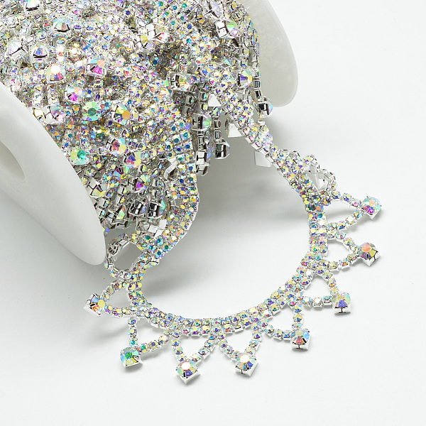 

PandaHall Brass Glass Rhinestone Chains, with Spool, Rhinestone Cup Chain, Crystal AB, Silver Color Plated, 24x4mm, about 5yards/roll...
