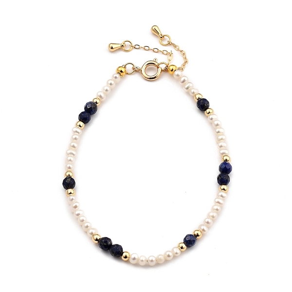 

PandaHall Beaded Bracelets, with Natural Pearl Beads, Natural Lapis Lazuli Beads, Brass Beads & Spring Ring Clasps, Golden, 19.7cm(7-3/4...