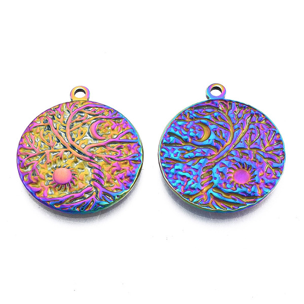 

PandaHall 201 Stainless Steel Pendants, Flat Round with Sun & Moon, Rainbow Color, 29x25x2mm, Hole: 2mm 201 Stainless Steel Flat Round