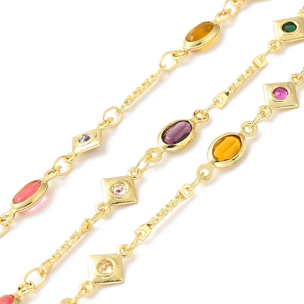 

PandaHall Handmade Oval Glass Link Chains, Real 18K Gold Plated Brass Cubic Zirconia Rhombus Link Chains, Soldered, with Spool, Cadmium Free..., Multicolor