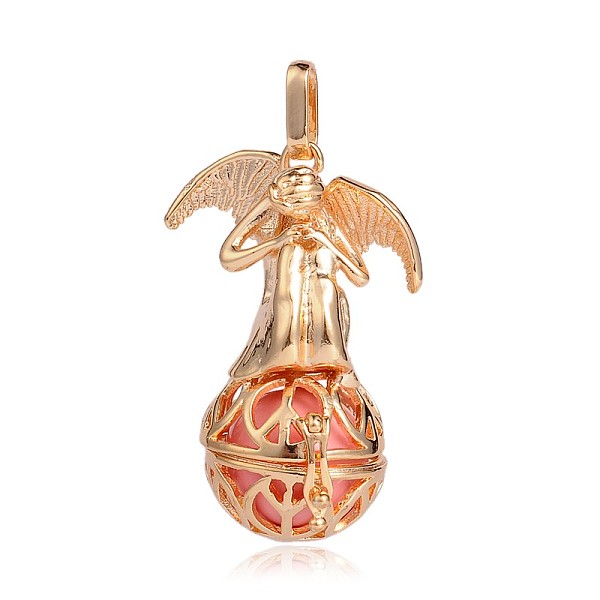 

PandaHall Golden Plated Brass Hollow Round Cage Pendants, with No Hole Spray Painted Brass Round Beads, Angel, Pink, 44x29x20mm, Hole: 3x8mm...