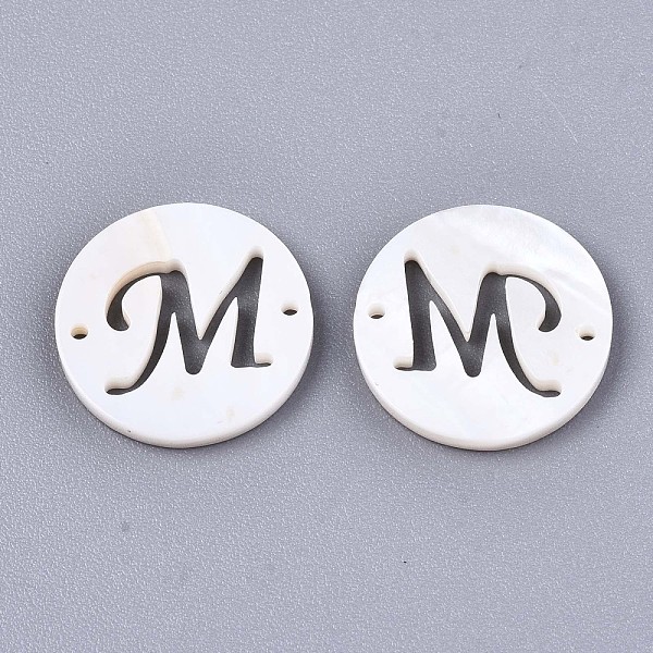 

PandaHall Natural Freshwater Shell Links Connectors, Flat Round with Letter, Letter.M, 14.5x1.5mm, Hole: 0.9mm Shell Letter M