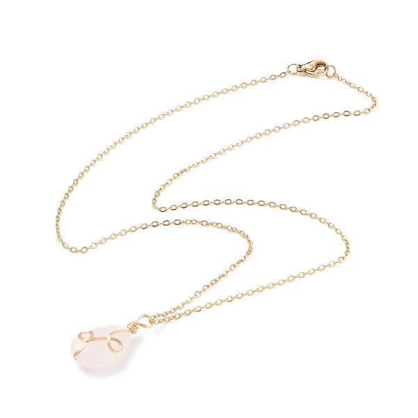 

PandaHall Natural Rose Quartz Teardrop Pendant Necklace, Gold Plated 304 Stainless Steel Wire Wrap Jewelry for Women, 17.72 inch(45cm) Rose...