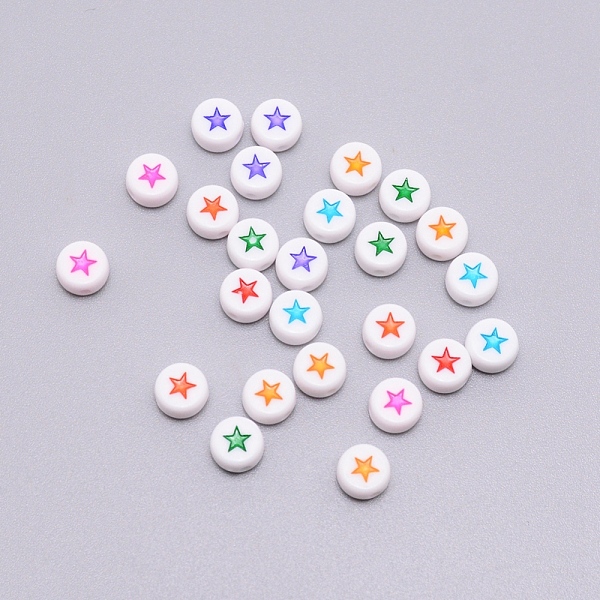 

PandaHall Opaque Acrylic Beads, with Enamel, Flat Round with Star, Mixed Color, 7x4mm, Hole: 1.6mm, 100pcs/bag Acrylic Flat Round Multicolor