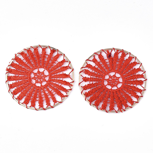 

PandaHall Polyester Woven Big Pendant Decorations, with Iron Findings, Flat Round, Light Gold, Red, 52x1.5mm Polyester Flat Round Red