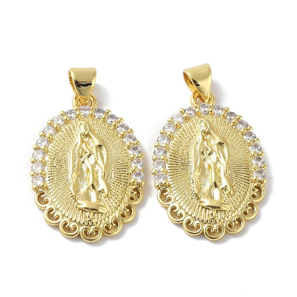 

PandaHall Brass Cubic Zirconia Pendants, Long-Lasting Plated, Real 18K Gold Plated, Oval with Virgin Pattern, 26.5x17x3mm, Hole: 3.5x5mm..., Clear