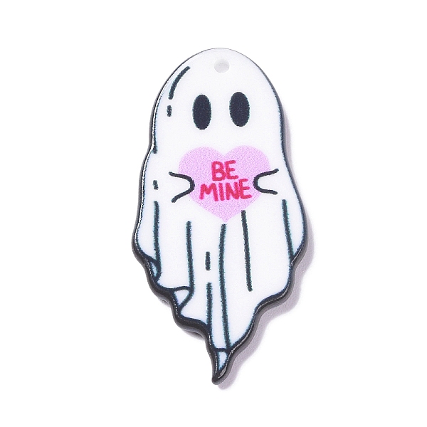 

PandaHall Halloween Printed Acrylic Pendants, Ghost with Heart & Word Be Mine Charm, Pink, 43.5x22x2mm, Hole: 1.8mm Acrylic Ghost Pink