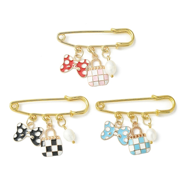 

PandaHall Bowknot & Bag Alloy Enamel Pendant Brooch Pin, Iron Safety Kilt Pin for Sweater Shawl, with Natural Cultured Freshwater Pearl..., Multicolor
