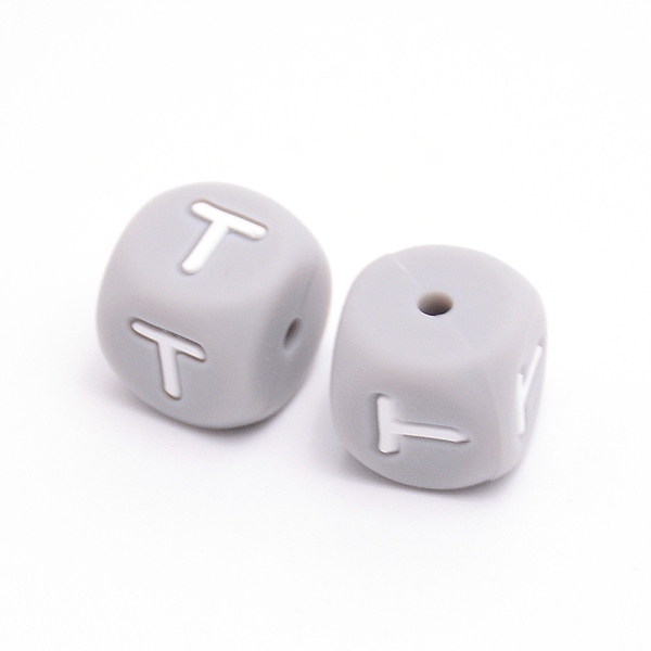 

PandaHall Silicone Beads, Cube with Letter.T, Gray, 12x12x12mm, Hole: 2mm Silicone Cube Gray