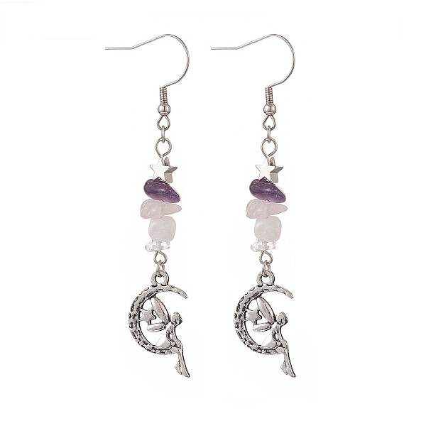 

PandaHall Alloy Charm with Natural Mixed Gemstone Chips Dangle Earrings, 304 Stainless Steel Long Drop Earrings for Women, Angel & Fairy...
