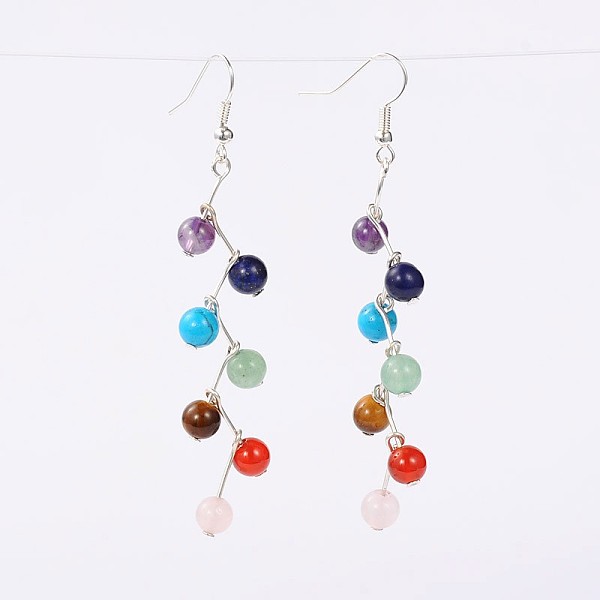 

PandaHall Trendy Gemstone Dangle Earrings, with Brass Earrings Hooks, Silver Color Plated, Mixed Stone, 74mm, Pin: 0.5mm Mixed Stone