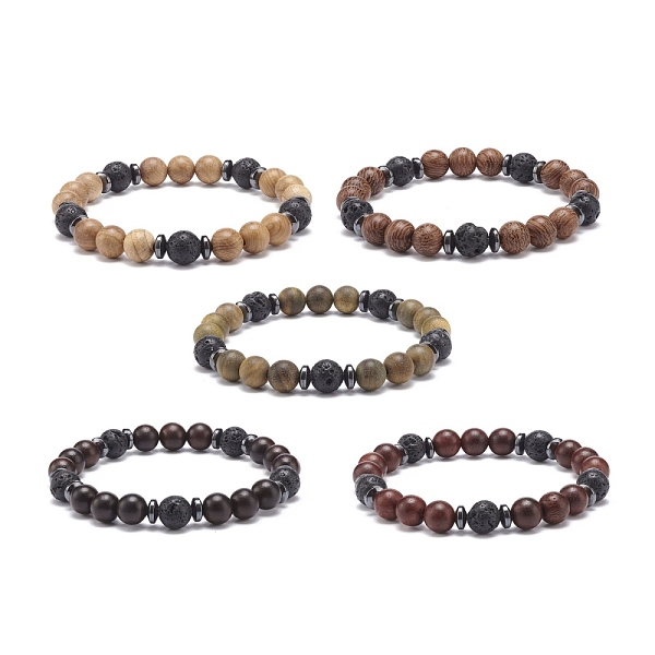 Natural Lava Rock & Wood Beaded Stretch Bracelet