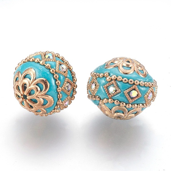 

PandaHall Handmade Indonesia Beads, with Metal Findings, Round, Light Gold, Sky Blue, 19.5x19mm, Hole: 1mm Polymer Clay Round Blue