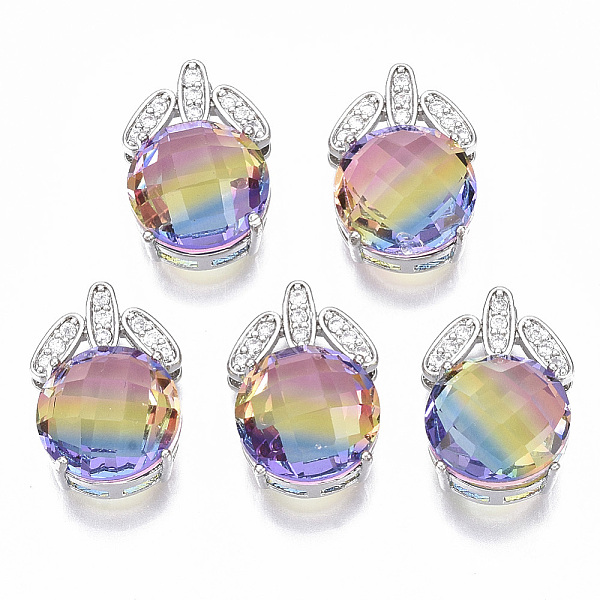 

PandaHall Brass Micro Pave Cubic Zirconia Pendants, with K9 Rainbow Glass, Flat Round, Platinum, Colorful, 19x13x9mm, Hole: 1.8mm...